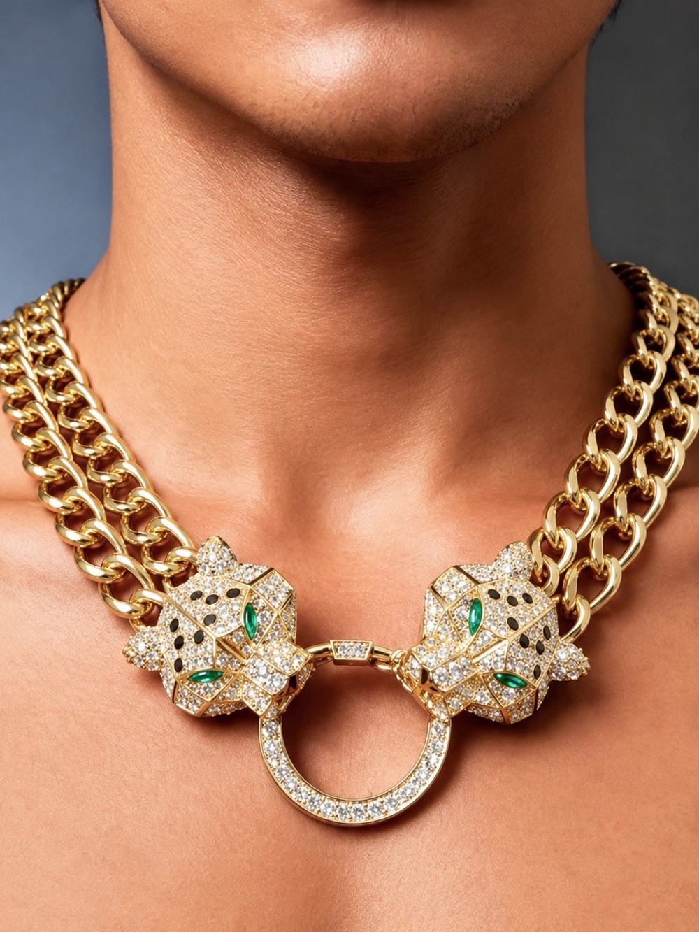 Gold Plated Stainless Steel Double Leopard Head Chunky Statement Necklace
